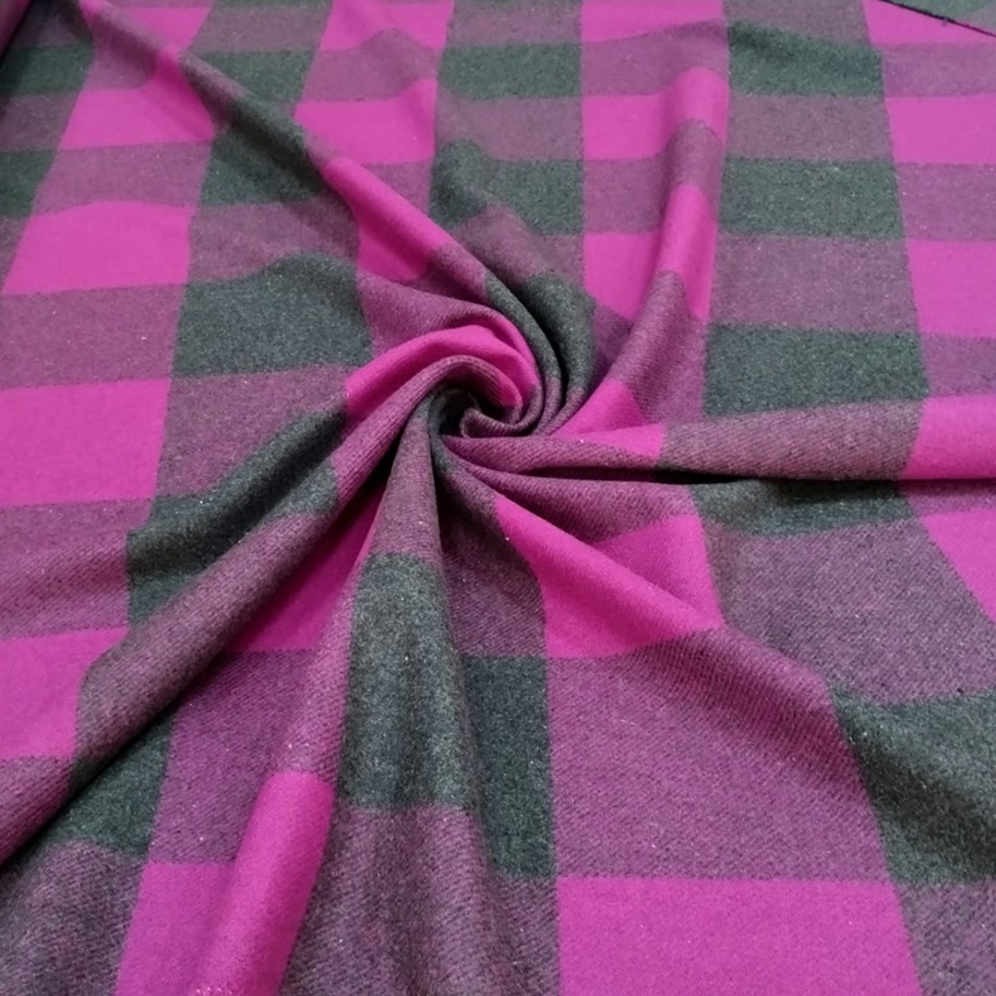 Tela de paño de lana con cuadros buganvilla y gris marengo